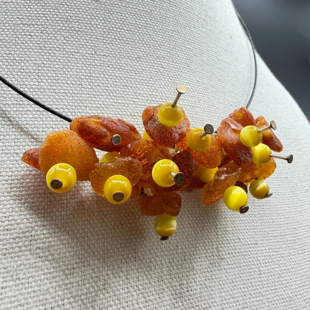 Amber Chip Bead Cluster Necklace Bohemian Statement Artisan Festival Gift